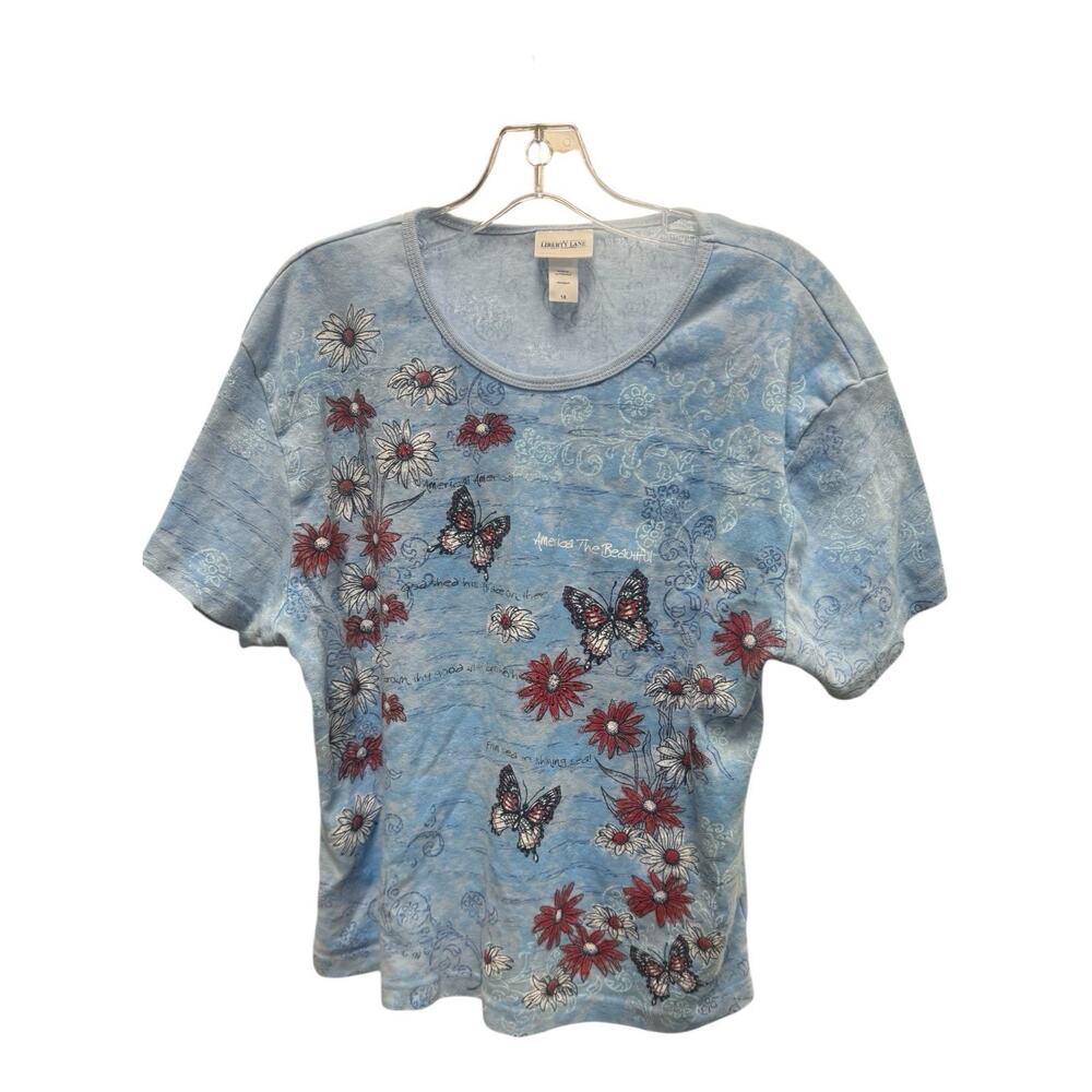 Vintage Liberty Lane America the Beautiful 1X Blue Butterflies Flowers AOP Tee
